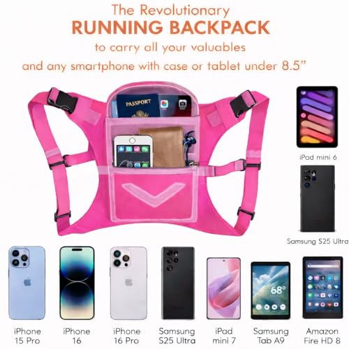 Running Mini Backpack Vest for Men & Women - Hi-viz gear, Holds Valuables, any Phone - Ideal for Fitness, Walking, Cycling! - color: Hot Pink