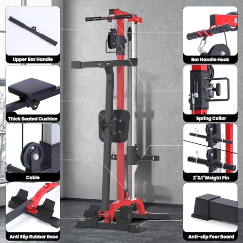Takywep 2-in-1 Rowing Machine + LAT Pulldown Cable System for Home Gym - Adjustable High/Low Pulley, Seated Row Station, Compact Carbon Steel Full-Body Cardio & Strength Trainer - color: Black+Red
