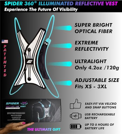 SPIDER Reflective Lighted Running Vest - Optic Fiber Technology, Bright, 360° Visible, Ultralight, Phone Pocket, Fully Adjustable Size XS-3XL - Reflective Running Gear for Safe Night Sports & Walking