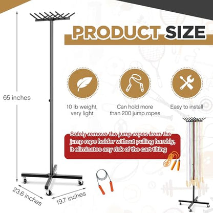 Aurelema Jump Rope Cart with Wheels Jump Rope Tree Black Sports Equipment Cart Heavy Duty Metal Holder for Cord Wire Belt Hose Storage PE Gym School, Hold More Than 200 Cord, 23.6 x 19.7 x 65 Inch