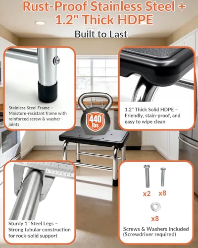 Step Stool, 440 lbs Heavy Duty Stainless Steel, Non-Skid Platform for Adults, Lightweight Portable Foot Stool for Kitchen Bathroom Bedroom RV Home Office