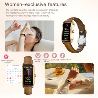 Elegant Smart Watch for Women AMOLED Fitness Tracker with Leather Band - color: Midnight Black Maple