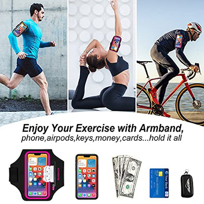 Armband for iPhone 17/17 Pro/16/16 Pro/15/15 Pro/14/14 Pro/13/13 Pro/13 Mini/12/12 Pro/12 Mini/11/11 Pro/XR/XS/X/SE,Water Resistant Armband with Zipper Slot for Airpods and Car Key (Pink) - color: Pink