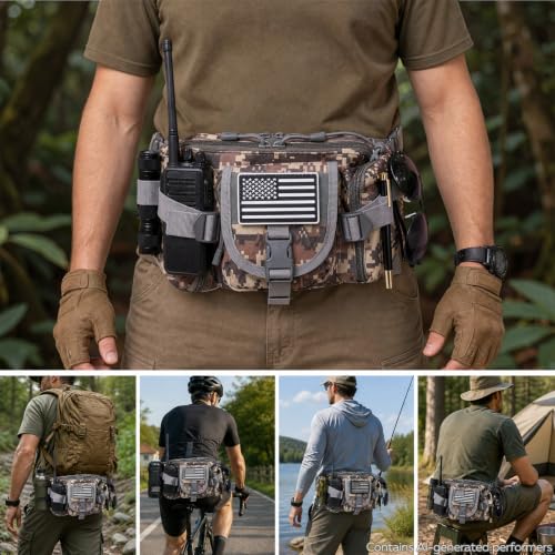 Tactical Fanny Pack, Large Military Waist Bag with 5 Zipper Pockets, Crossbody Fanny Packs Bumbag with U.S Patch, Hiking Belt Bag, Walking Outdoor Fishing Hip Pack for Women Men - ACU Camo - color: ACU Camo
