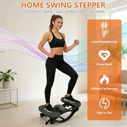 Mini Stepper, 3D Motion Rocking Steppers for Exercise at Home, Low-Impact Lateral Stair Stepper with Resistance Bands & Floor Mats, Digital Display Tracks Time Reps Calories, Full Body Workout