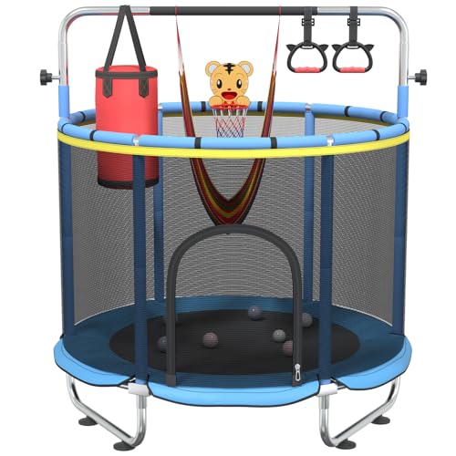 60" Toddler Trampoline for Age 2-4, 5ft Mini Kids Trampoline Indoor with Basketball Ball Adjustable Gymnastics Bar & Toys Swing Enclosure Net for Backyard ASTM Approved - color: Blue