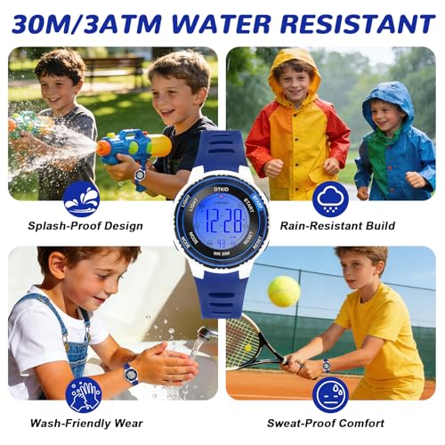 DTKID Digital Kids Watch 30 M Waterproof for Girls Boys 5-16 - color: dark blue