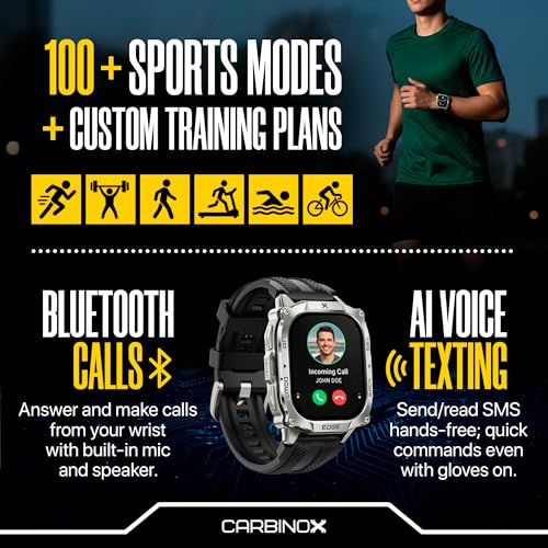 CARBINOX Smart Watch Edge Rugged, 1.96″ AMOLED, Stainless Steel, IP69K/5ATM Fitness trackers, Dual-Band GNSS, 500mAh, Bluetooth Calls, Smart Watch for Android Phones iOS (Silver) - color: Silver