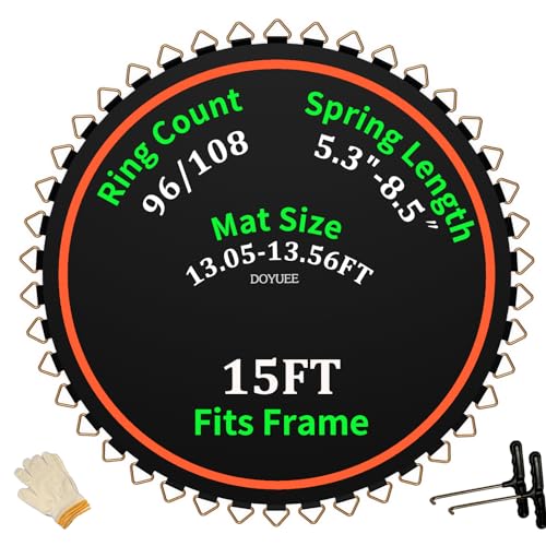 Trampoline Mat Replacement-Fits 15ft Trampline Frame with 96/108 Rings for Choose,Fits 5.3"-8.5" Springs, Mat Diameter 13.05ft-13.56ft,（Spring and Frame not Included） - style: 108 Rings & (159.8 Inch |13.36ft) Dia-Fits 6.5" -7.0" Springs