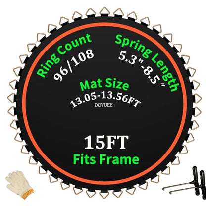 Trampoline Mat Replacement-Fits 15ft Trampline Frame with 96/108 Rings for Choose,Fits 5.3"-8.5" Springs, Mat Diameter 13.05ft-13.56ft,（Spring and Frame not Included） - style: 108 Rings & 156.7inch(13.05ft)Dia-Fits 7.5" - 8.5" Springs