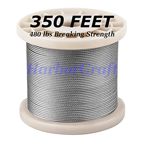 1/16 Stainless Steel Wire Rope 350 Foot Length, 7x7 Strand Core Aircraft Cable, 480 Lbs Breaking Strength, by HarborCraft