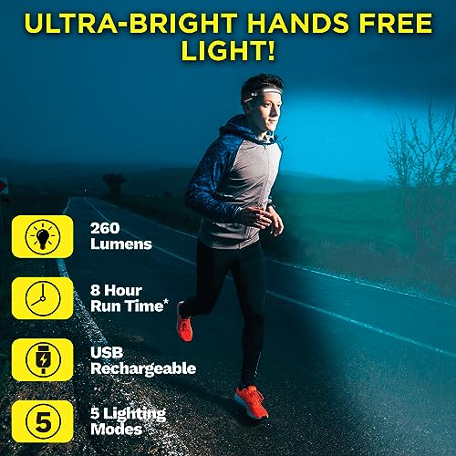 Ontel Handy Brite Rechargeable Headlamp - 260-Lumen Ultra-Bright Headlamp with 5 Light Modes, USB-Rechargeable Head Lamp for Outdoor Activities & Emergencies, 8-Hour Battery Life