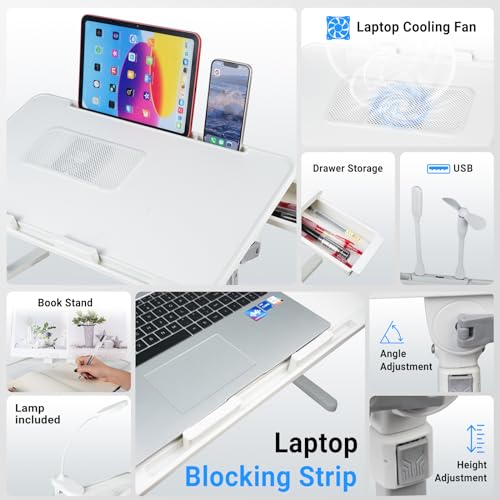 iXTRA Adjustable Laptop Lap Desk with Cooling Fan USB Light for Adults 60x40cm,White - color: White,60*40cm