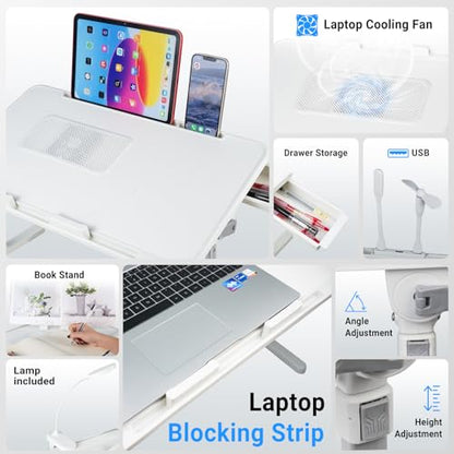 iXTRA Adjustable Laptop Lap Desk with Cooling Fan USB Light for Adults 60x40cm,White - color: White,60*40cm