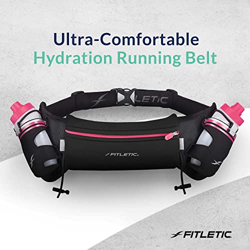 Fitletic Hydration Running Belt with Water Bottles for Men & Women – 2 Quick Flow 8oz Running Water Bottles, Patented Bounce Free Design, Water Resistant Pouch Fits All Phones – Hydra 16 - size: L/XL (35"-42"), style: Black & Pink