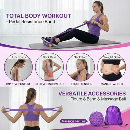 5PCS Ultimate Multifunction Pedal Resistance Bands with Handles - Foot Pedal Resistance Band for Total Body Workout, Includes Massage Ball,Bag &Quick Start Guide - color: Purple