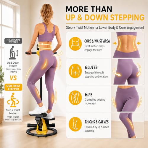 seanleecore Twist Stepper with Handlebar, High-Resistance Stair Stepper Machine for Home Workout, Step + Twist Cardio Exercise Equipment, 300 lb Capacity Quiet Compact Rock Stepper with LCD Monitor