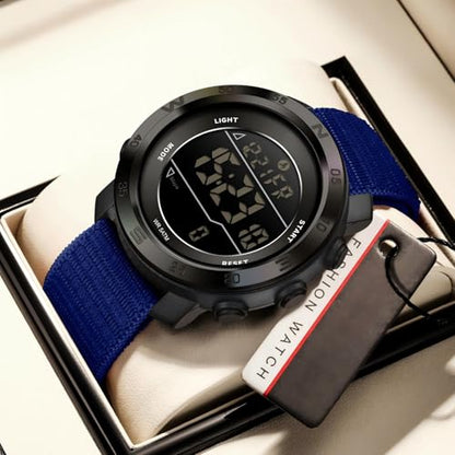 findtime Step Counter Watch No Phone Needed Pedometer for Walking Mens Women's Digital Watches with Calories Distance Alarm Countdown Timer Nylon Strap Blue