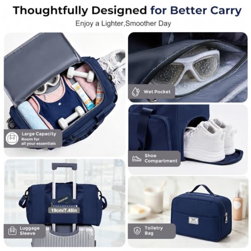 FIORETTO Women's Gym Duffle Bag with Shoes Compartment, 30L Capacity, Ideal for Travel, Gym, Sports, Duffel, Weekender - color: Navy Blue, style: Gym Bag With Toiletry Bag