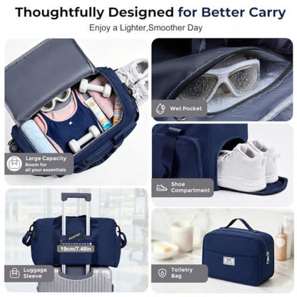 FIORETTO Women's Gym Duffle Bag with Shoes Compartment, 30L Capacity, Ideal for Travel, Gym, Sports, Duffel, Weekender - color: Navy Blue, style: Gym Bag With Toiletry Bag