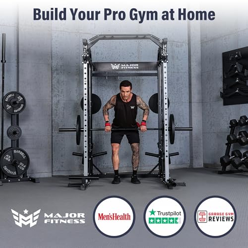 Major Fitness Drone2 Advanced Training Smith Machines– All-in-One Home Gym Squat Rack with Aluminum Pulley Set , Weight Bar, Dual LAT Pull-Down Systems & Cable Crossover Machine for Full-Body Workouts - style: BK D2AW Package(with RD Elite Bench+230lb)