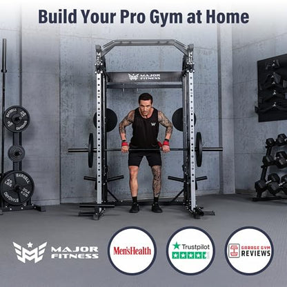 Major Fitness Drone2 Advanced Training Smith Machines– All-in-One Home Gym Squat Rack with Aluminum Pulley Set , Weight Bar, Dual LAT Pull-Down Systems & Cable Crossover Machine for Full-Body Workouts - style: BK D2AW Package(with RD Elite Bench+230lb)