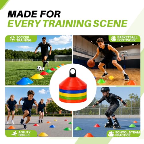 50/100PCS Soccer Cones with Carry Bag & Holder, 5 Color Disc Cones - color: 100 Pack