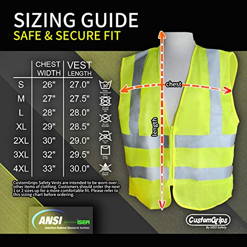 CustomGrips, Highly Visibility Original Safety Vest with 4 Highly Reflective Strips for Safety, Zipper Mesh Breathable Fabric for Outdoor Work, Jogging, Sports - ANSI/ISEA 107-2015(Class 2)[4X-Large]