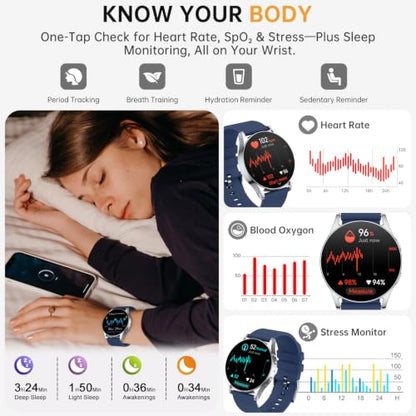 AI Smart Watch for Women Men With GPT, 1.32" AMOLED Fitness Tracker With Heart Rate/Sleep/SpO2 Monitor, Waterproof Smartwatch for Android/iPhone Phones (Aluminum Silver Case w/ Midnight Blue Band) - color: Aluminum Silver Case w/ Midnight Blue Band