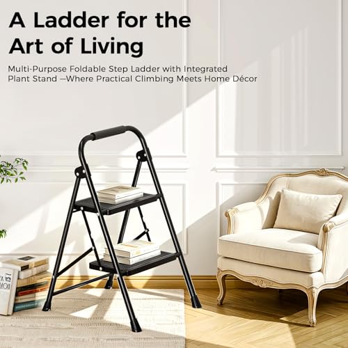 KINGRACK 2 Step Ladder Folding Step Stool with Handrail for Kitchen Black - size: 2-step