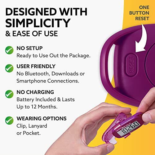 3DFitBud Simple Step Counter Walking 3D Pedometer by 3DActive with Clip, Lanyard Accurate Step Tracker Large Display, Easy to Use for Kids Men Women Adult Seniors Daily Step Tracking - A420S - color: Plum