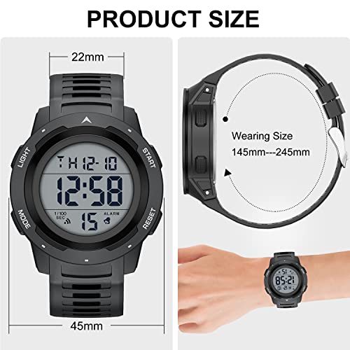 GOLDEN HOUR Mens Waterproof Digital Sport Watches Wide Screen Easy Read Display Military Style with Rubber Strap - color: black