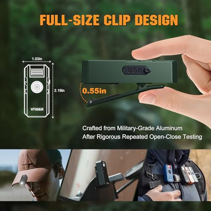 VTIGER C1 Rechargeable EDC Flashlight Clip-on Light, 1300 Lumens Powerful Portable Mini Swivel Clip Light,Multi-Mode,IPX6 Waterproof, Magnetic Small Pocket Lights for Cycling,Working,Emergency,Signal - color: OD Green