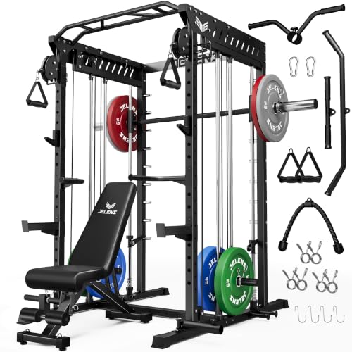 JELENS M21 Smith Machine, Multi-Function Power Cage with Dual Pulley Cable Crossover System, 2000LBS All-in-One Squat Rack with Smith Bar and Attachments - color: Black, size: 190LB Colored Weights Package