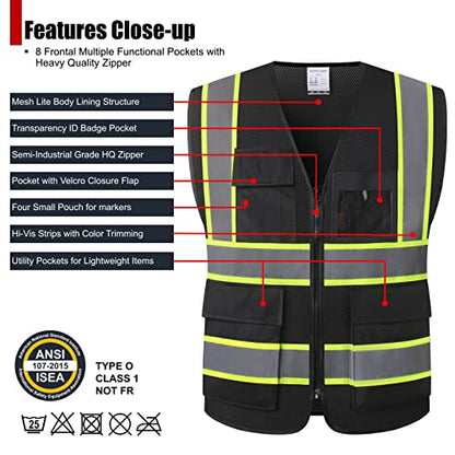 Reflective Safety Vest for Men Women High Visibility Vest with 8 Pockets and Front Zipper Mesh Reflective Vest Meets ANSI/ISEA Standards (Black-07, Medium) - color: Black, size: Medium