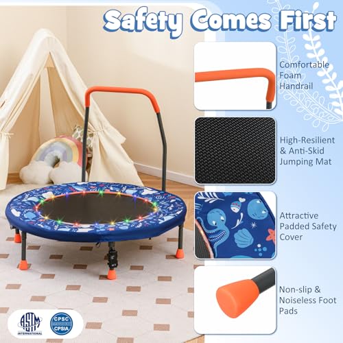 GYMAX 36” Toddler Trampoline with Lights, Folding Springless ASTM Approved Small Kids Rebounder with Foam Handle, Safety Padded Cover & Foldable Legs, Mini Indoor Baby Trampolines (Dark Blue)