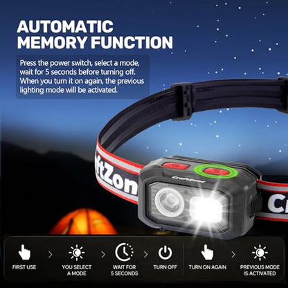 Rechargeable LED Headlamp w/Reflective Headband, 500LM USB-C Waterproof, Motion & Dimming, 4 Modes & Memory, Li-ion/AAA Dual Power, Magnetic 60° Mount for Camp Hike Work - color: Black-Red