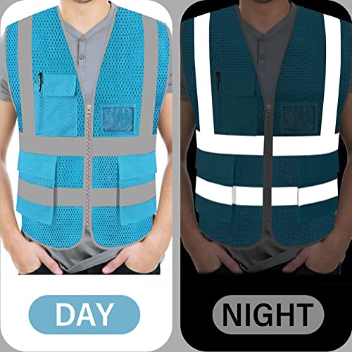 FEimaX High Visibility Safety Vest Mesh Work Vests with Reflective Strips - color: Azure, size: Large