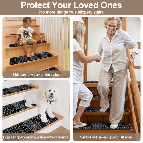 OJIA Stair Treads Non-Slip Stair Runners for Wooden Steps 15PCS 30"x8" - color: Black/Boho, size: 30" x 8"