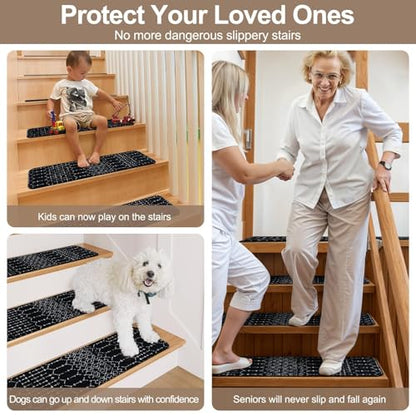 OJIA Stair Treads Non-Slip Stair Runners for Wooden Steps 15PCS 30"x8" - color: Black/Boho, size: 30" x 8"