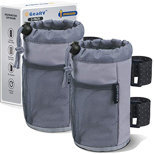 GEARV 2Pack Cup Holder for Bike, Scooter and Wheelchair, Water Bottle Holder for UTV/ATV, Walker, Golf Cart and Beach, Universal Drink Holder Accessories with Net Pocket and Cord Lock (Gray) - color: Gray