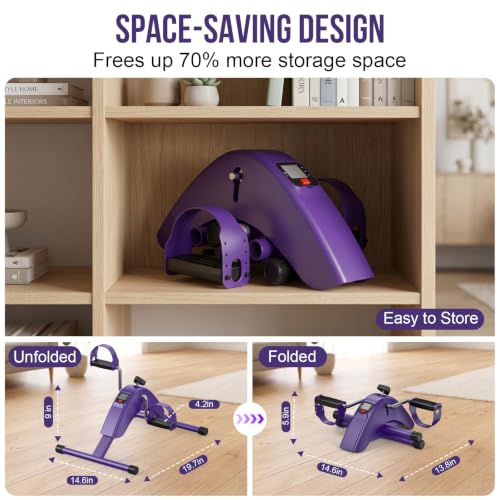 Under Desk Bike Pedal Exerciser for Arms and Legs, Foldable Mini Exercise Bike with LCD Display and Adjustable Resistance for Home and Office - color: Purple