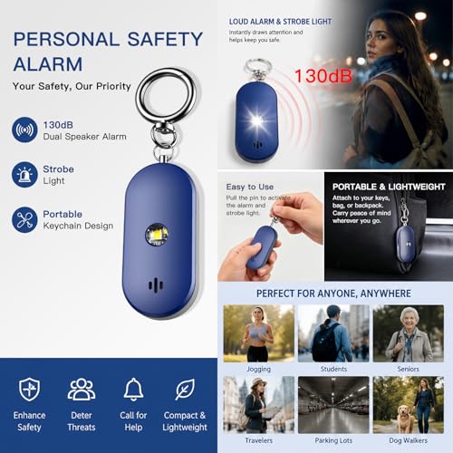Personal Safety Alarm for Women, 130dB Rechargeable Keychain Alarm with Dual Speakers, LED Strobe Light, Low Power Indicator and USB-C Charging, (Blue) - color: Blue