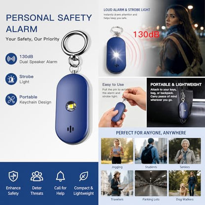 Personal Safety Alarm for Women, 130dB Rechargeable Keychain Alarm with Dual Speakers, LED Strobe Light, Low Power Indicator and USB-C Charging, (Blue) - color: Blue