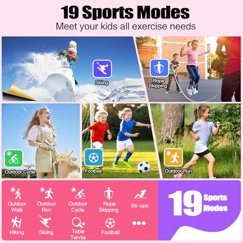 meoonley Kids Watch for Girls Boys with IP68 Waterproof, Girls Watch with 19 Sports Modes, Sleep Tracking, Pedometer, Stopwatch, Kids Activity Tracker, Birthday Gifts for Girls Age 6-15 Years Old - color: Pink