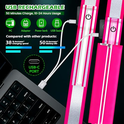 LED Reflective Belt Sash, Rechargeable LED Light Night Safety Walking Gear, High Visibility Adjustable Reflective Gear for Runners Walkers Cyclists at Night (Pink) - color: Pink