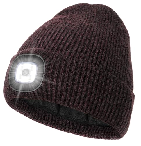 MELASA Winter Fleece Lined Beanie with The Light, Warm Gifts for Men Dad - color: Deep Red