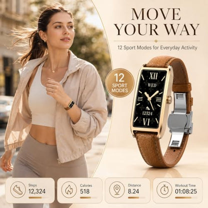 Elegant Smart Watch for Women AMOLED Fitness Tracker with Leather Band - color: Champagne Gold Maple
