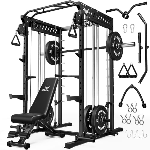 JELENS M21 Smith Machine, Multi-Function Power Cage with Dual Pulley Cable Crossover System, 2000LBS All-in-One Squat Rack with Smith Bar and Attachments - color: Black, size: 190LB Black Weights Package