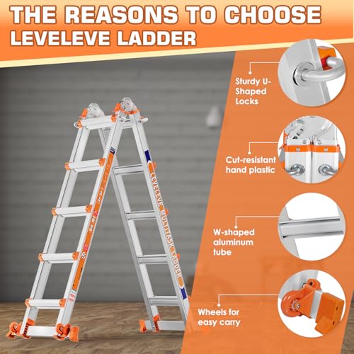 LEVELEVE 14FT Extension Ladder,A Frame 4 Step Ladder with Stabilizer Bar & Wheels,330 lbs Security Load Multi Position Ladder for Stairs Home Indoor Outdoor Roof - size: 4STEP